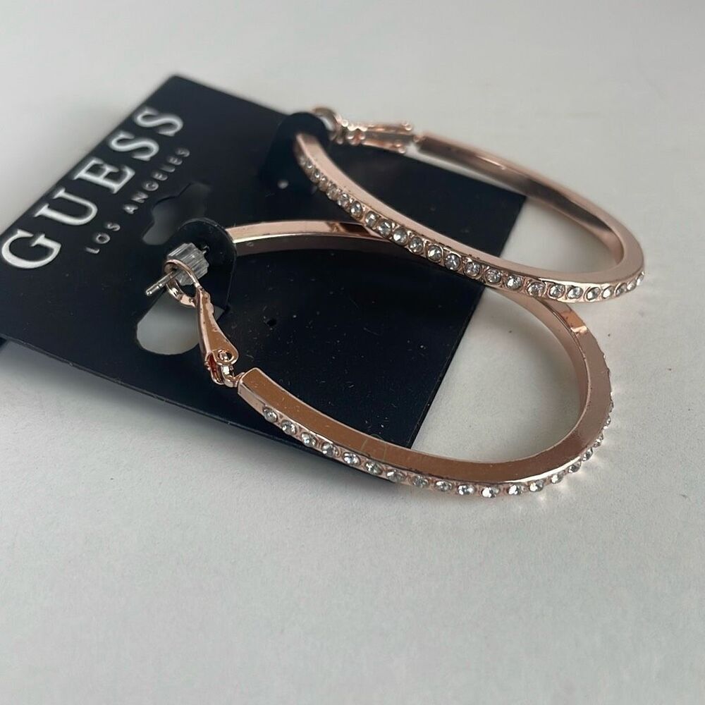 NEW Guess Rose Gold Colored Rhinestone Accent Hoop Pierced Earrings